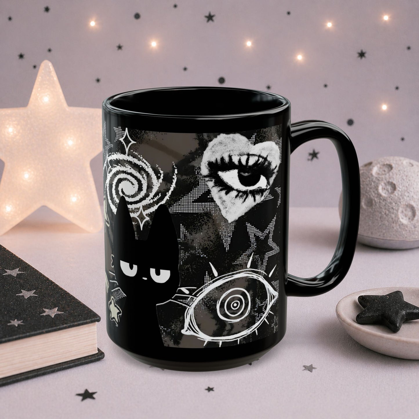 Trippy Gothic Black Cat Mug — Surreal Alt Aesthetic Coffee Cup