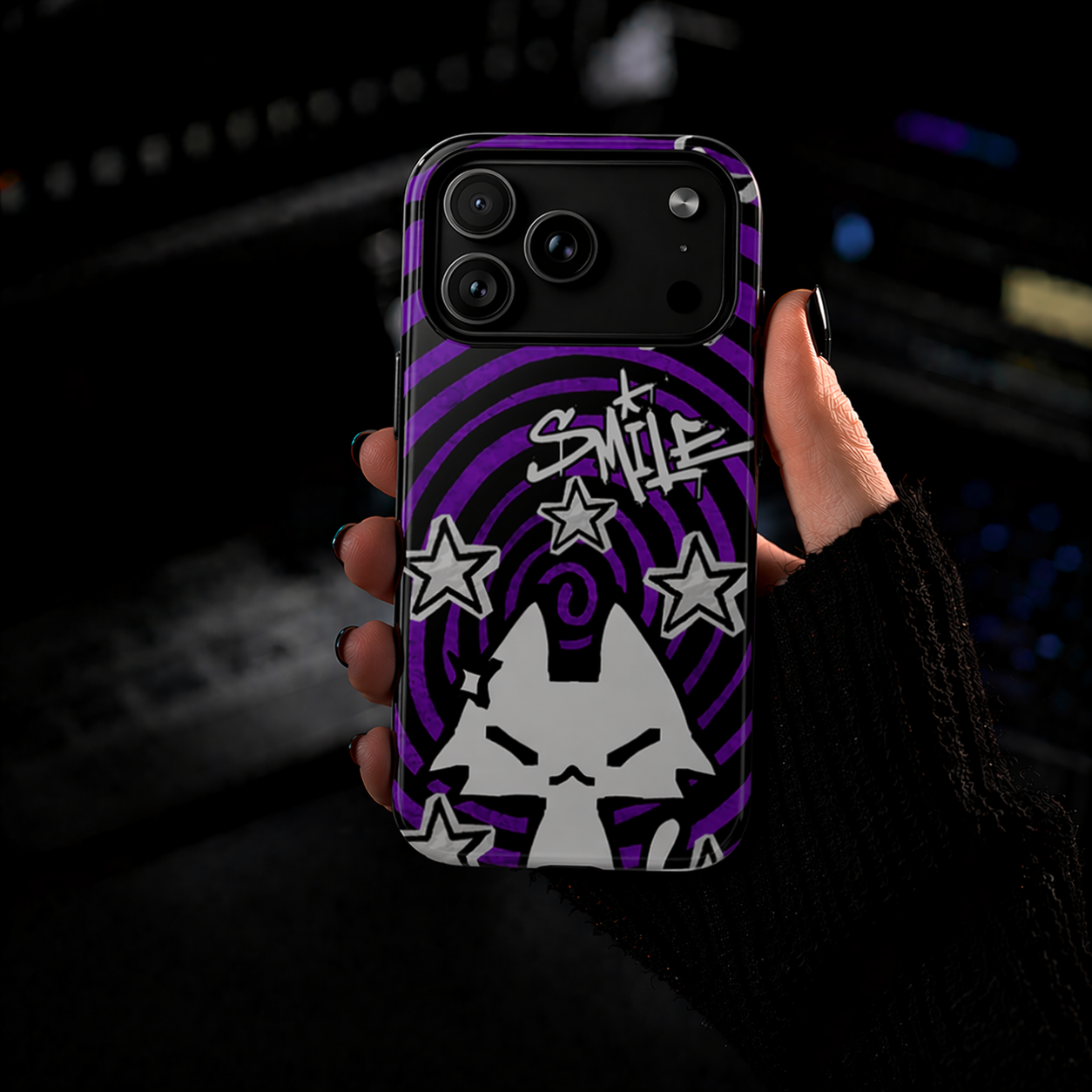 Dark Punk Phone Case | Purple Graffiti Kawaii Cat | NekoStyleStudio
