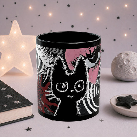 Trippy Gothic Cat Mug — Black Alt Ceramic Coffee Cup