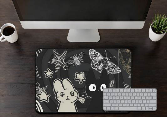 Kawaii Gothic Mouse Pad XL - Creepy Cute Bunny & Cat Gaming Desk Mat