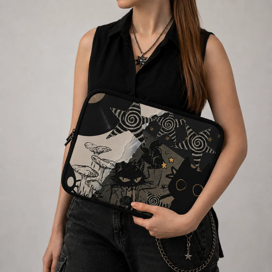 Alternative black cat laptop sleeve featuring occult stars, mushrooms and vintage collage artwork, held by a woman wearing dark alternative fashion.