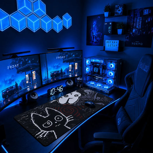 Dark kawaii cat XL desk mat in gaming setup – anime mousepad with neon grunge design
