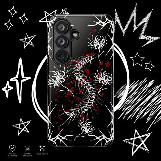 Dark gothic centipede phone case featuring red blood splatter and white spider lilies, emo grunge aesthetic phone cover