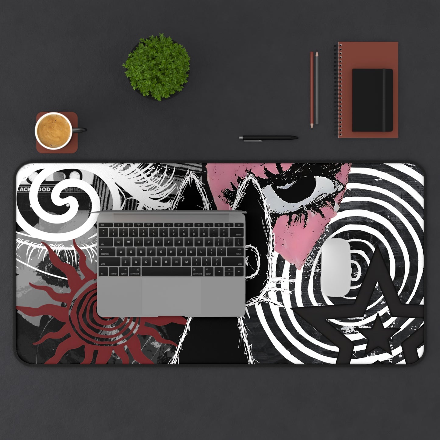 Dark Punk Cat Desk Mat Grunge Cat Mouse Pad Alt Aesthetic Desk Mat with Scribble Art, Spiral Eyes, Gothic Dark Gamer Gift Indie Setup