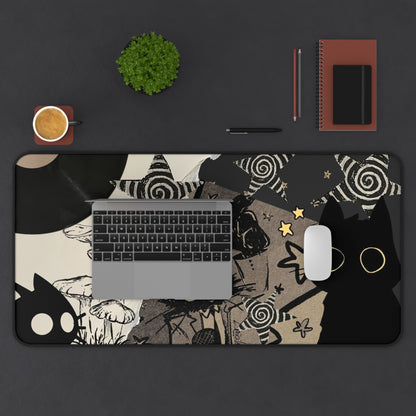 Grunge Cat Mouse Pad Black Cat Collage Desk Mat with Vinyl Record, Mushrooms &amp; Stars Aesthetic Desk Decor for Gamers and Artists Gift