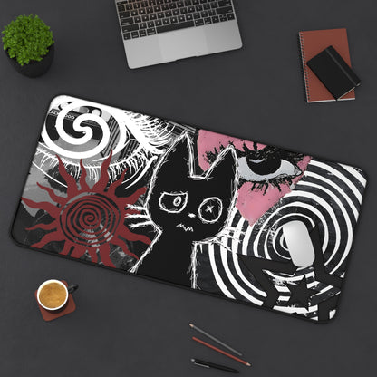 Dark Punk Cat Desk Mat Grunge Cat Mouse Pad Alt Aesthetic Desk Mat with Scribble Art, Spiral Eyes, Gothic Dark Gamer Gift Indie Setup