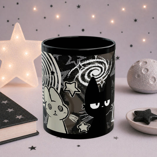 Trippy Gothic Black Cat Mug — Surreal Alt Aesthetic Coffee Cup