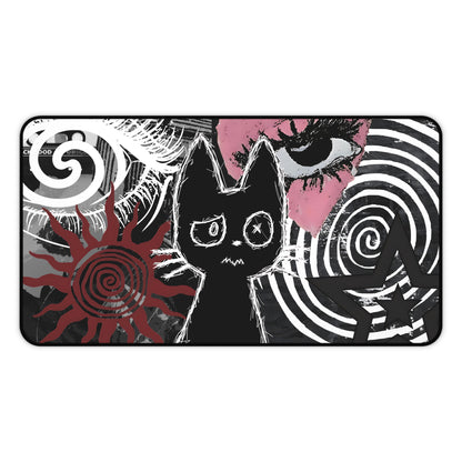 Dark Punk Cat Desk Mat Grunge Cat Mouse Pad Alt Aesthetic Desk Mat with Scribble Art, Spiral Eyes, Gothic Dark Gamer Gift Indie Setup