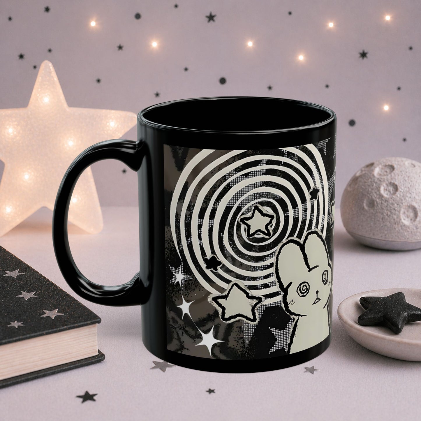 Trippy Gothic Black Cat Mug — Surreal Alt Aesthetic Coffee Cup