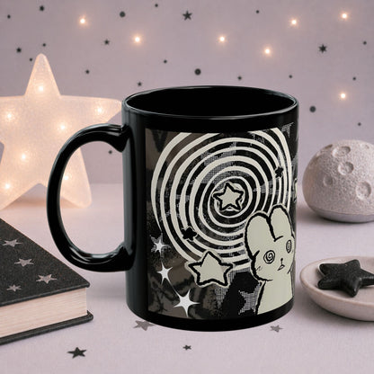 Trippy Gothic Black Cat Mug — Surreal Alt Aesthetic Coffee Cup