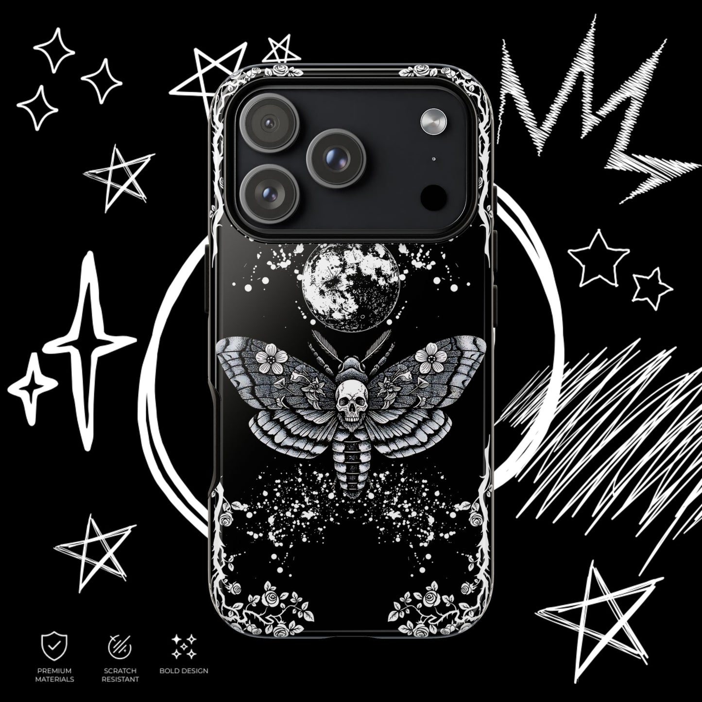 Gothic Moth Phone Case | Skull Butterfly Moon Cover | NekoStyleStudio