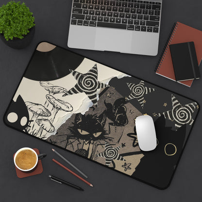 Grunge Cat Mouse Pad Black Cat Collage Desk Mat with Vinyl Record, Mushrooms &amp; Stars Aesthetic Desk Decor for Gamers and Artists Gift