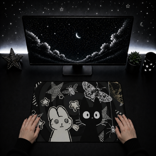 Kawaii Gothic Mouse Pad XL - Creepy Cute Bunny & Cat Gaming Desk Mat