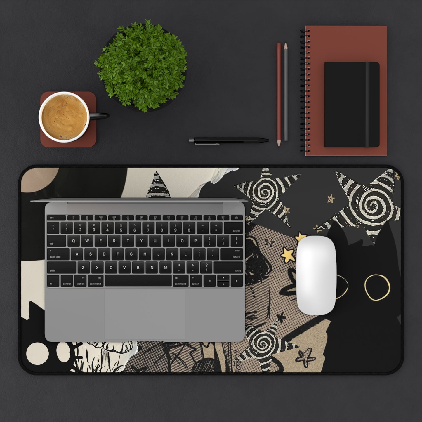 Grunge Cat Mouse Pad Black Cat Collage Desk Mat with Vinyl Record, Mushrooms &amp; Stars Aesthetic Desk Decor for Gamers and Artists Gift