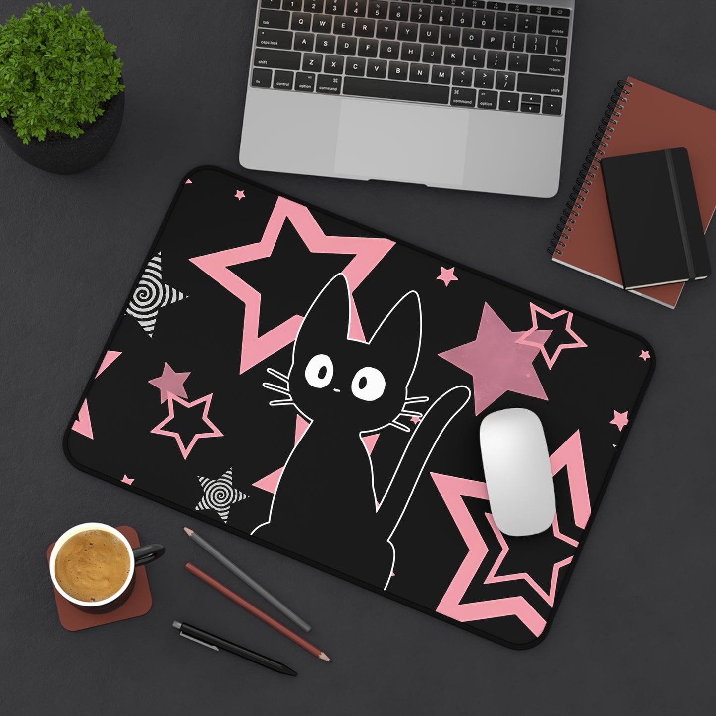 Kawaii Black Cat Mousepad - Pink Stars Retro Spiral Gaming Mat