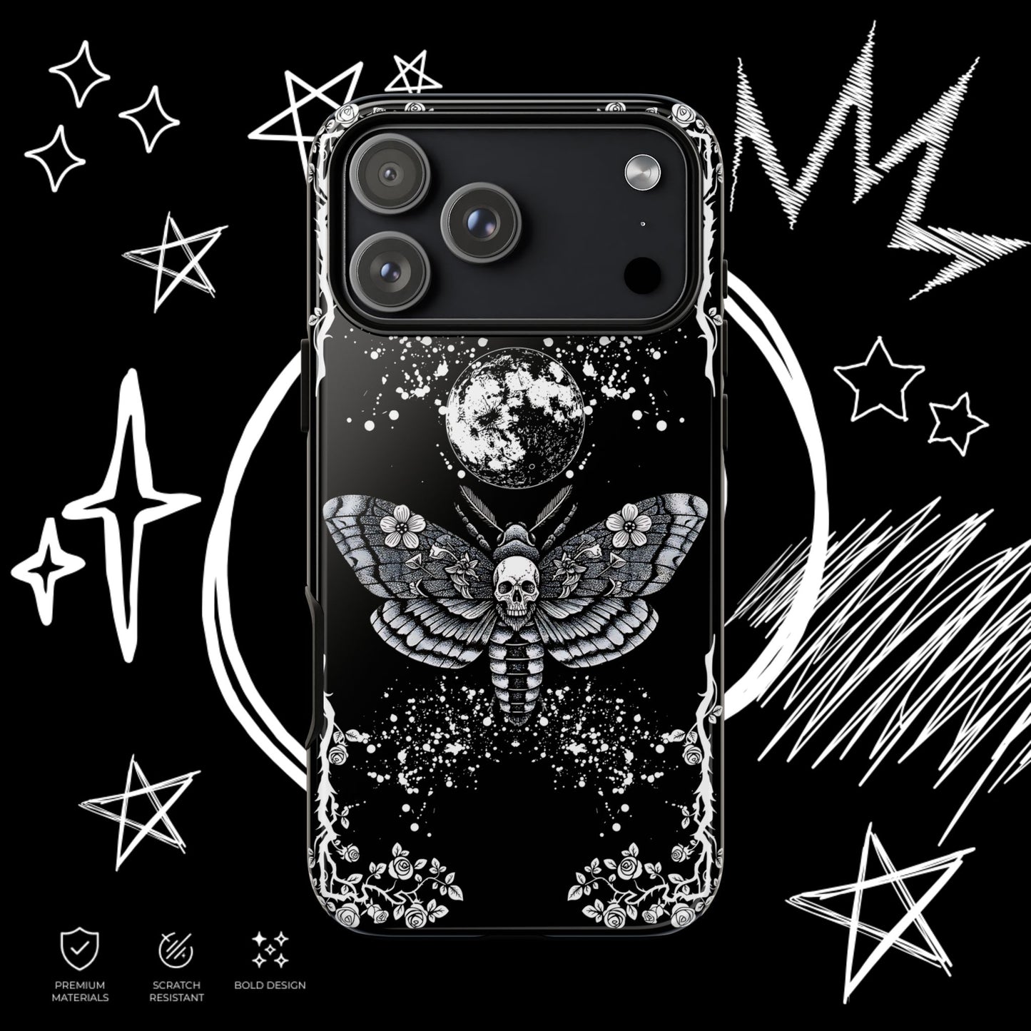 Gothic Moth Phone Case | Skull Butterfly Moon Cover | NekoStyleStudio