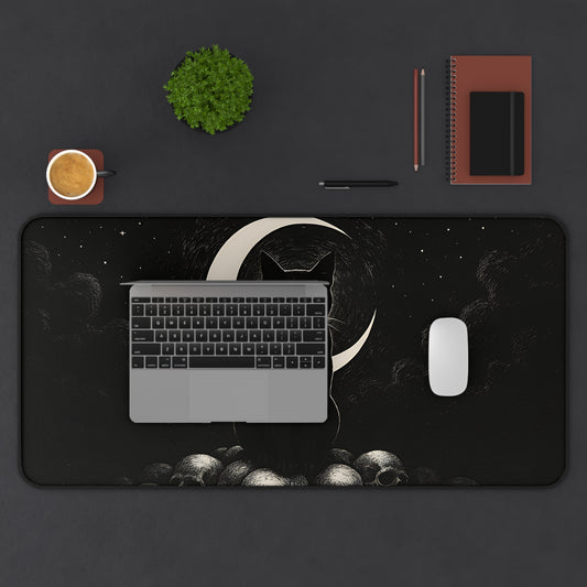 Black Cat Crescent Moon Mousepad - Gothic Desk Mat for Gaming & Office