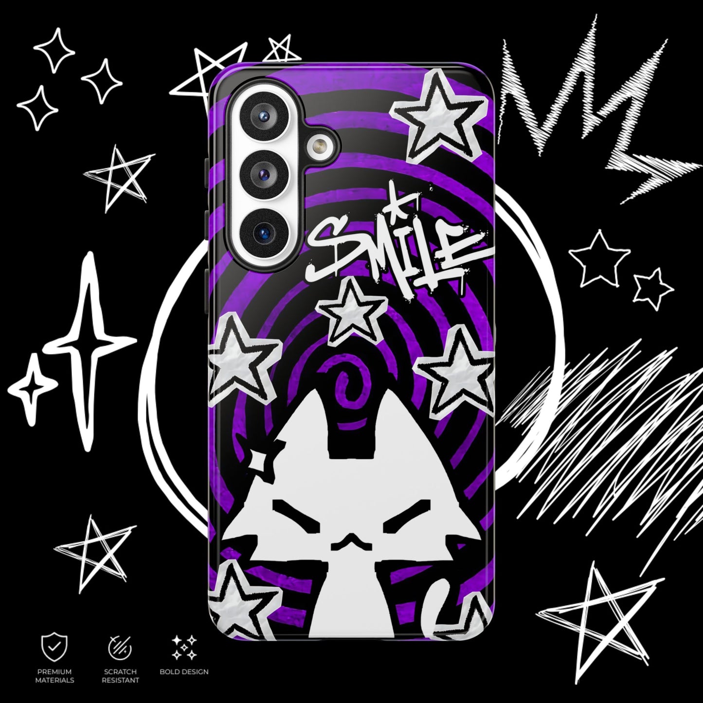 Dark Punk Phone Case | Purple Graffiti Kawaii Cat | NekoStyleStudio