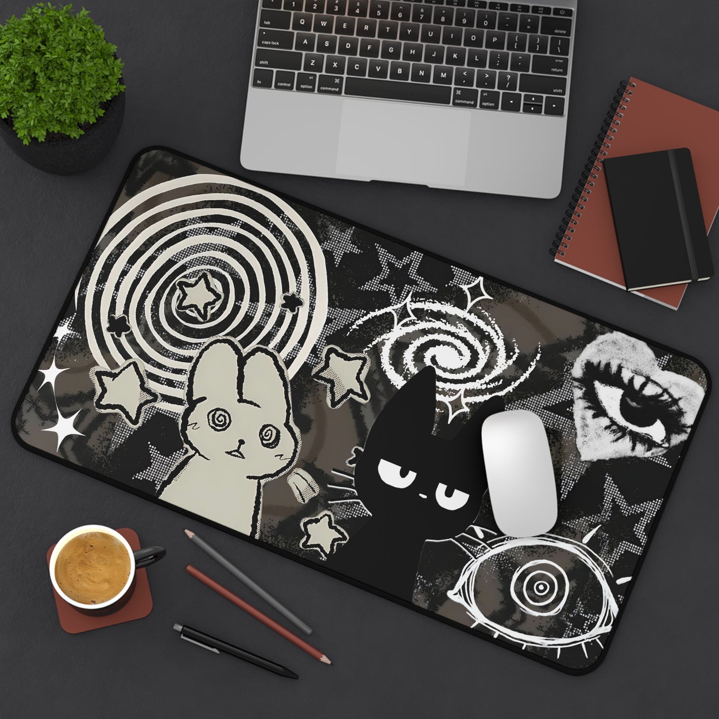 Dark Punk Pad Trippy Bunny &amp; Cat Mousepad Alt Grunge Desk Mat Weirdcore Aesthetic Gaming Pad for Emo Desks Indie Alt Room Decor