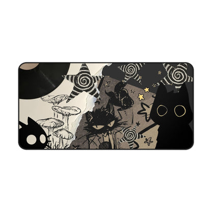Grunge Cat Mouse Pad Black Cat Collage Desk Mat with Vinyl Record, Mushrooms &amp; Stars Aesthetic Desk Decor for Gamers and Artists Gift