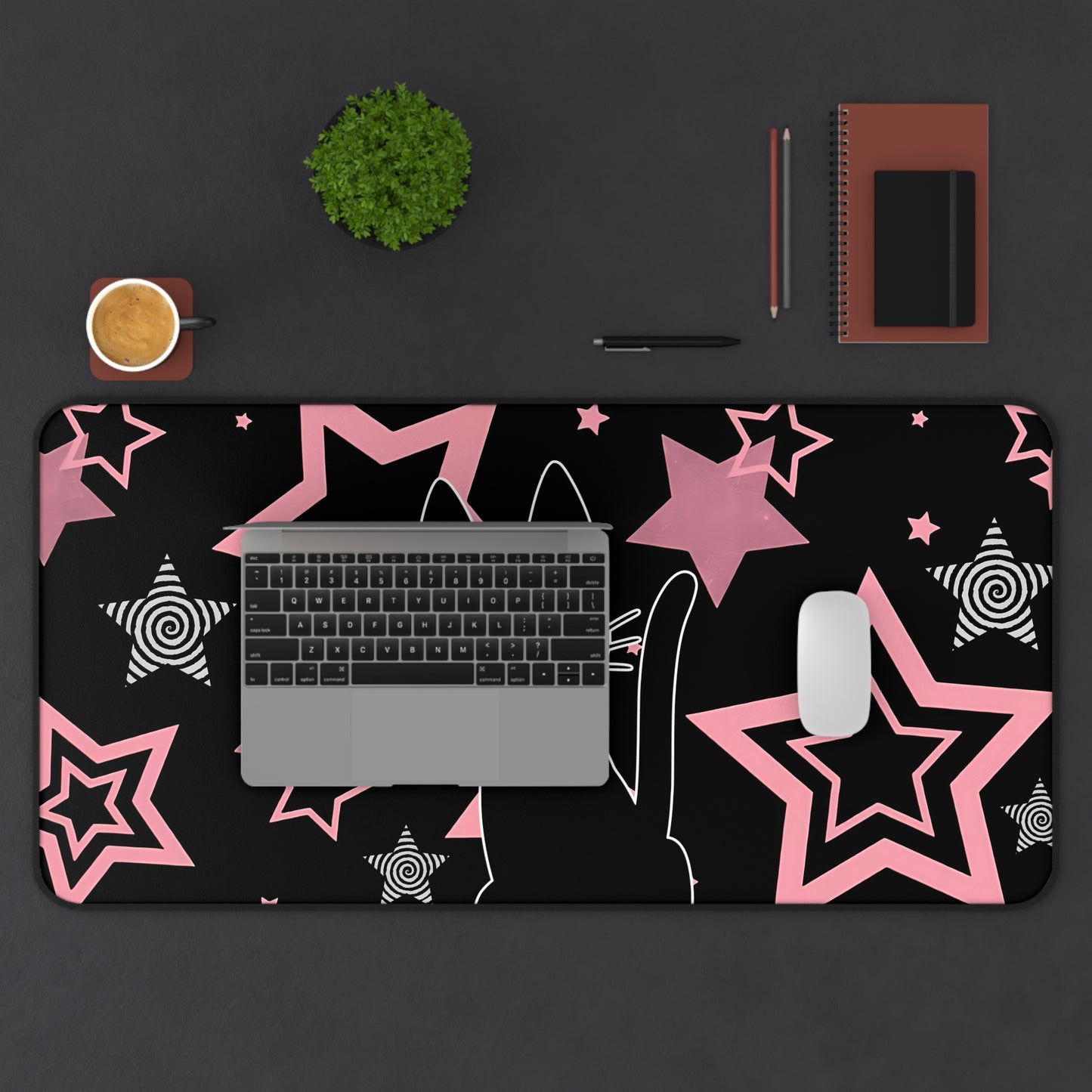 Kawaii Black Cat Mousepad - Pink Stars Retro Spiral Gaming Mat