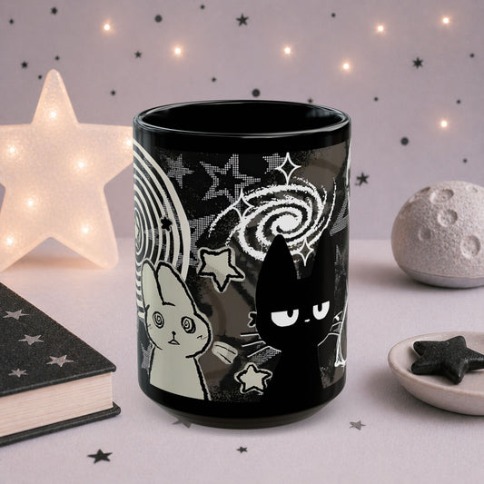 Trippy Gothic Black Cat Mug — Surreal Alt Aesthetic Coffee Cup