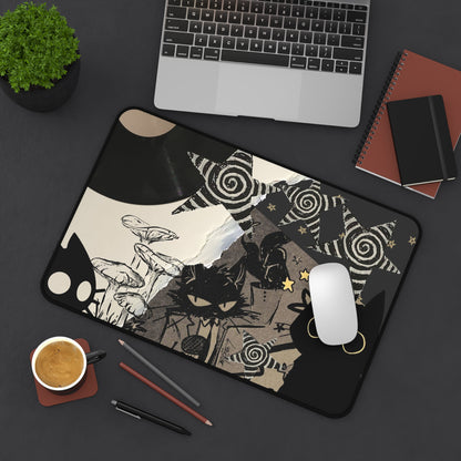 Grunge Cat Mouse Pad Black Cat Collage Desk Mat with Vinyl Record, Mushrooms &amp; Stars Aesthetic Desk Decor for Gamers and Artists Gift