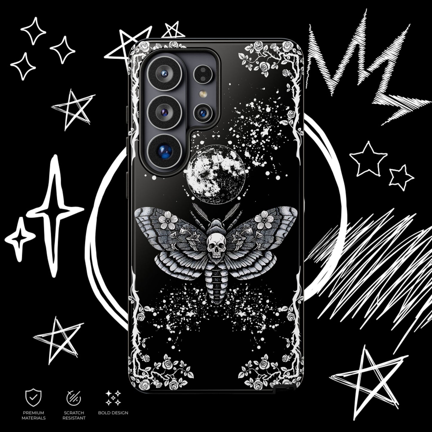 Gothic Moth Phone Case | Skull Butterfly Moon Cover | NekoStyleStudio