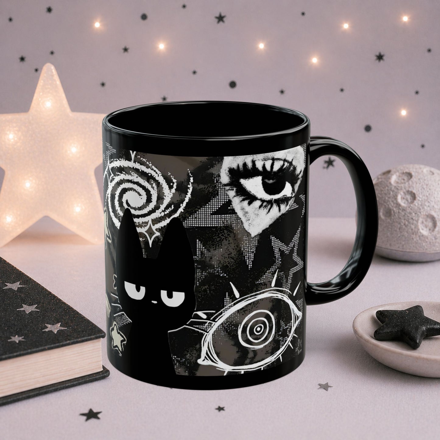 Trippy Gothic Black Cat Mug — Surreal Alt Aesthetic Coffee Cup