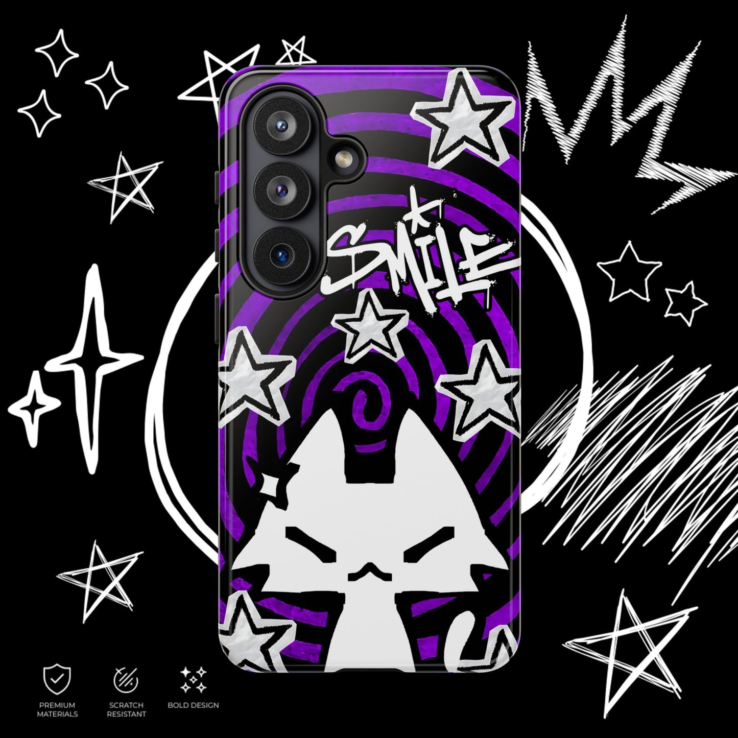 Dark Punk Phone Case | Purple Graffiti Kawaii Cat | NekoStyleStudio