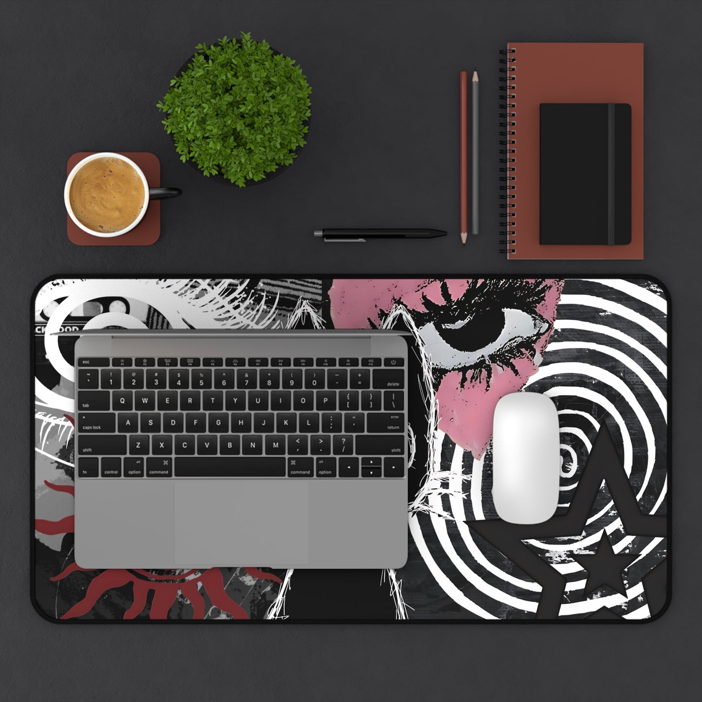 Dark Punk Cat Desk Mat Grunge Cat Mouse Pad Alt Aesthetic Desk Mat with Scribble Art, Spiral Eyes, Gothic Dark Gamer Gift Indie Setup