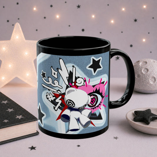 Edgy pop art ceramic mug with dark cute aesthetic design, featuring bold street art graphics in gothic-kawaii style, available in 11oz and 15oz