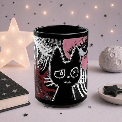 Trippy Gothic Cat Mug — Black Alt Ceramic Coffee Cup