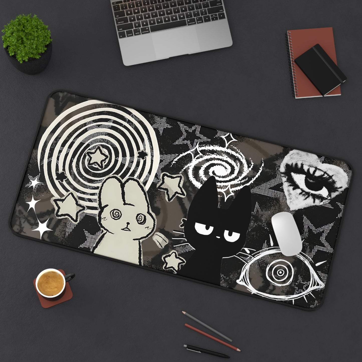 Dark Punk Pad Trippy Bunny &amp; Cat Mousepad Alt Grunge Desk Mat Weirdcore Aesthetic Gaming Pad for Emo Desks Indie Alt Room Decor
