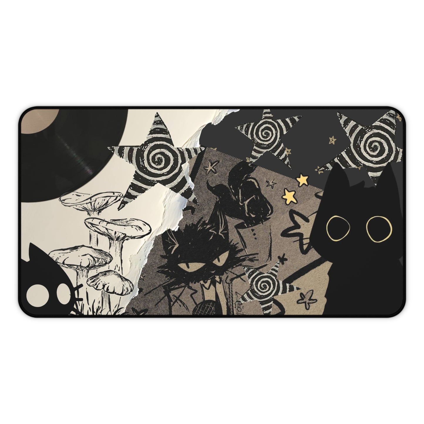 Grunge Cat Mouse Pad Black Cat Collage Desk Mat with Vinyl Record, Mushrooms &amp; Stars Aesthetic Desk Decor for Gamers and Artists Gift