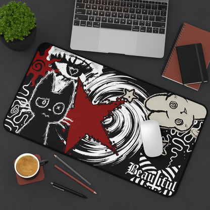Dark Punk Cat Mousepad - Grunge Red Star Gaming Mat