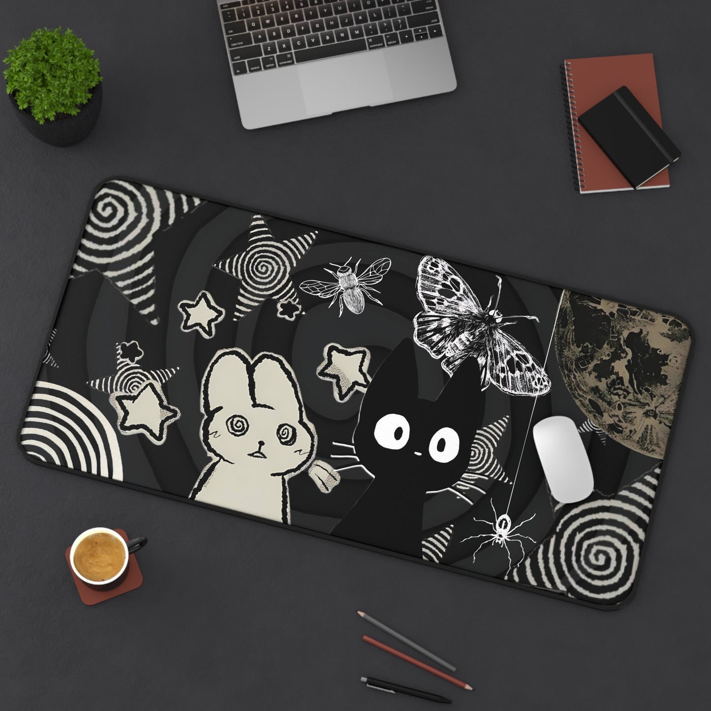 Kawaii Gothic Mouse Pad - Creepy Cute Bunny & Cat XL Gaming Desk Mat