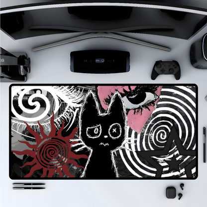 Dark Punk Cat Desk Mat Grunge Cat Mouse Pad Alt Aesthetic Desk Mat with Scribble Art, Spiral Eyes, Gothic Dark Gamer Gift Indie Setup