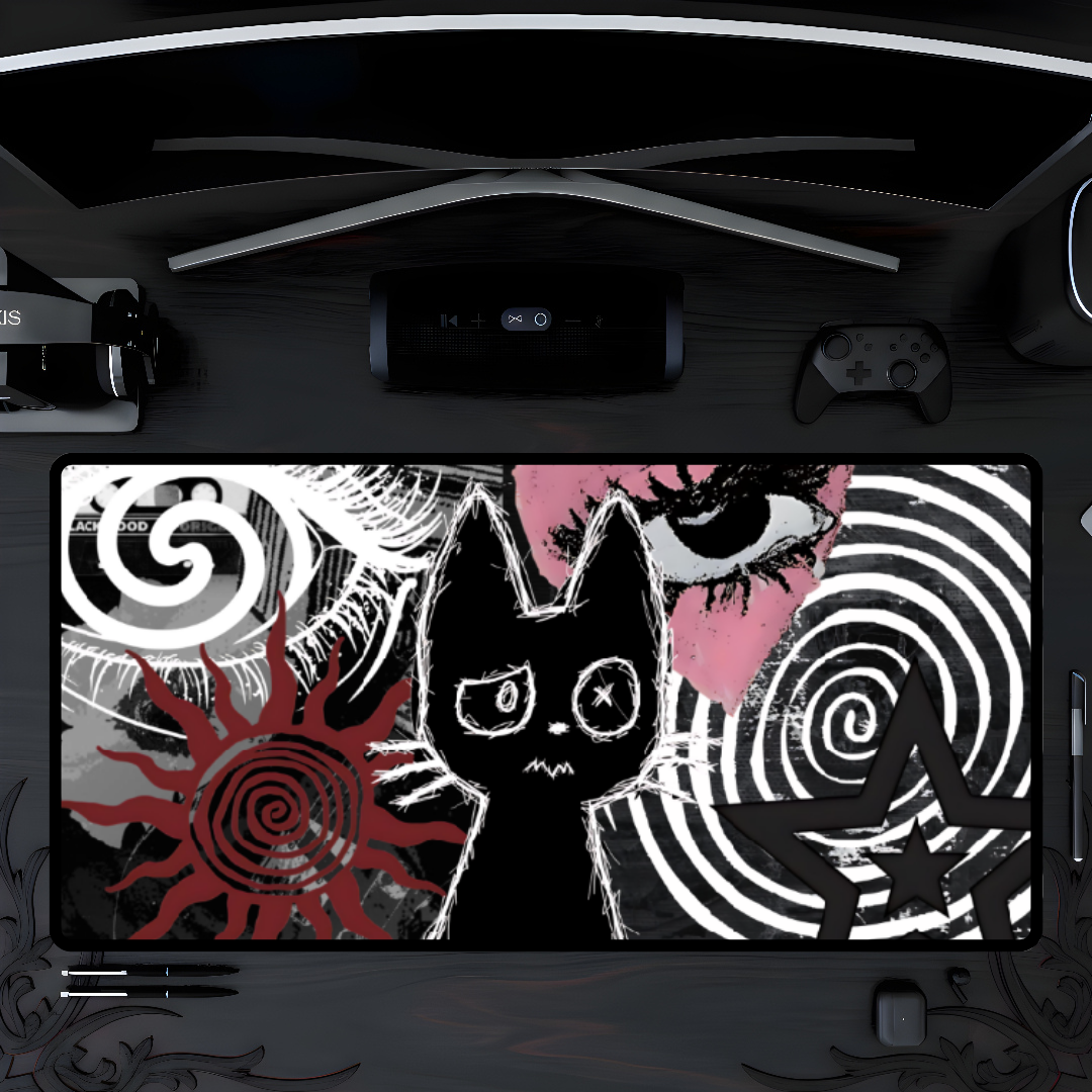 Dark Punk Cat Desk Mat Grunge Cat Mouse Pad Alt Aesthetic Desk Mat with Scribble Art, Spiral Eyes, Gothic Dark Gamer Gift Indie Setup