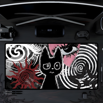 Dark Punk Cat Desk Mat Grunge Cat Mouse Pad Alt Aesthetic Desk Mat with Scribble Art, Spiral Eyes, Gothic Dark Gamer Gift Indie Setup