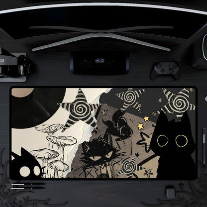 Grunge Cat Mouse Pad Black Cat Collage Desk Mat with Vinyl Record, Mushrooms &amp; Stars Aesthetic Desk Decor for Gamers and Artists Gift