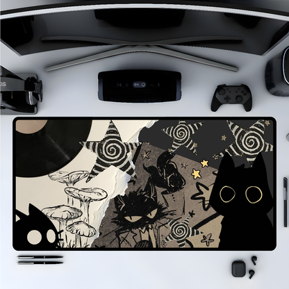 Grunge Cat Mouse Pad Black Cat Collage Desk Mat with Vinyl Record, Mushrooms &amp; Stars Aesthetic Desk Decor for Gamers and Artists Gift