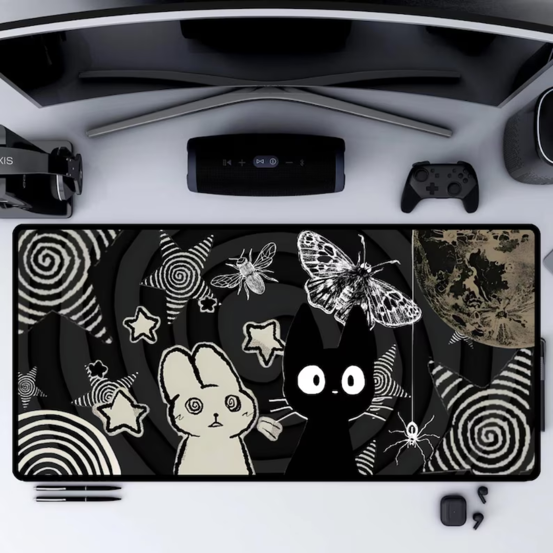 Kawaii Gothic Mouse Pad - Creepy Cute Bunny & Cat XL Gaming Desk Mat