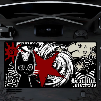 Dark Punk Cat Mousepad - Grunge Red Star Gaming Mat