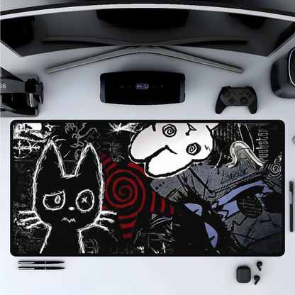 Dark Punk Anime Mousepad XL - Creepy Cat Gaming Desk Mat