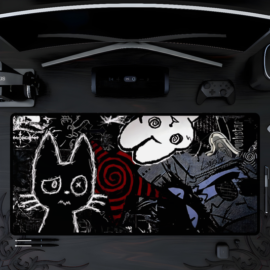 Dark Punk Anime Mousepad XL - Creepy Cat Gaming Desk Mat