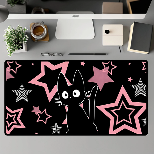 Kawaii Black Cat Mousepad - Pink Stars Retro Spiral Gaming Mat