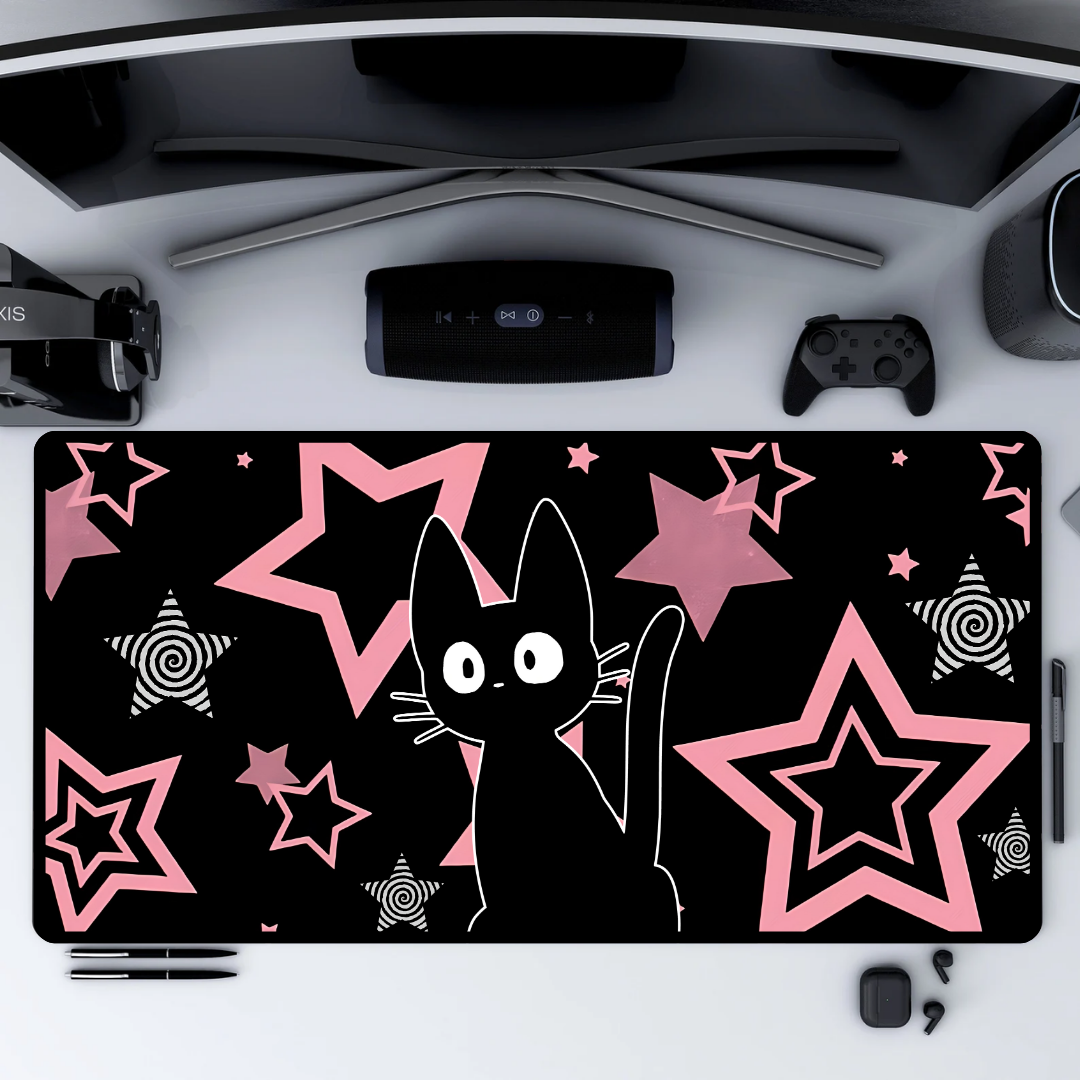 Kawaii Black Cat Mousepad - Pink Stars Retro Spiral Gaming Mat