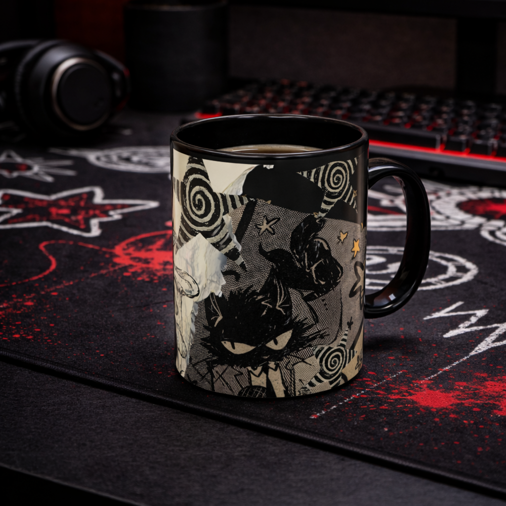 Alt grunge cat ceramic mug 11oz with dark aesthetic collage design, moody cat illustration and vinyl record artwork in glossy white ceramic
