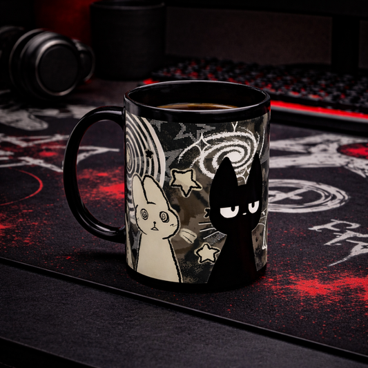 Trippy gothic black cat ceramic mug 11oz with surreal swirl and third eye design, featuring black cat and bunny artwork in dark alt aesthetic style
